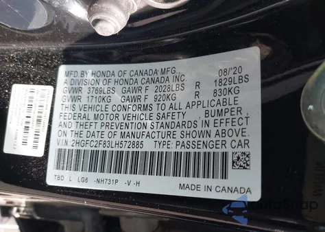 2020 Honda Civic Sport from USA, damaged, VIN 2HGFC2F83LH572885